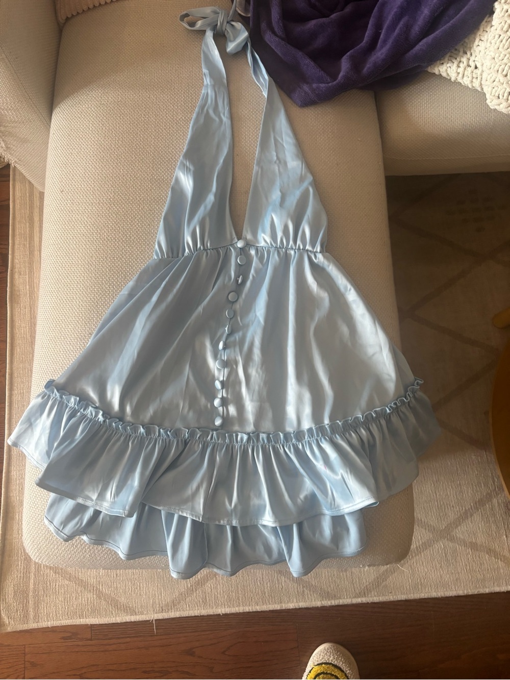 Strawberry Milk Mob Pale Blue Satin Halter Mini Dress with Ruffle Hem